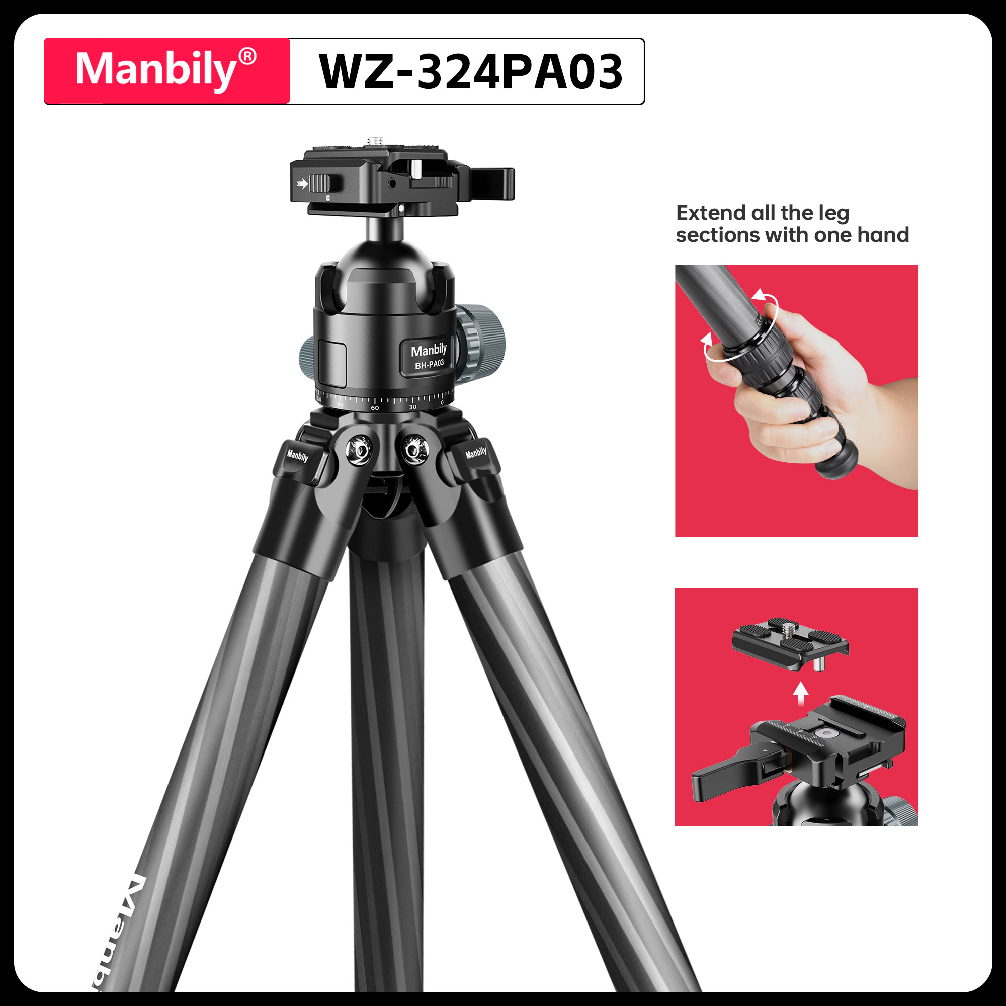 Outdoor Hunting Video Camera - Manbily 158CM Tripod Berburu Serat Karbon